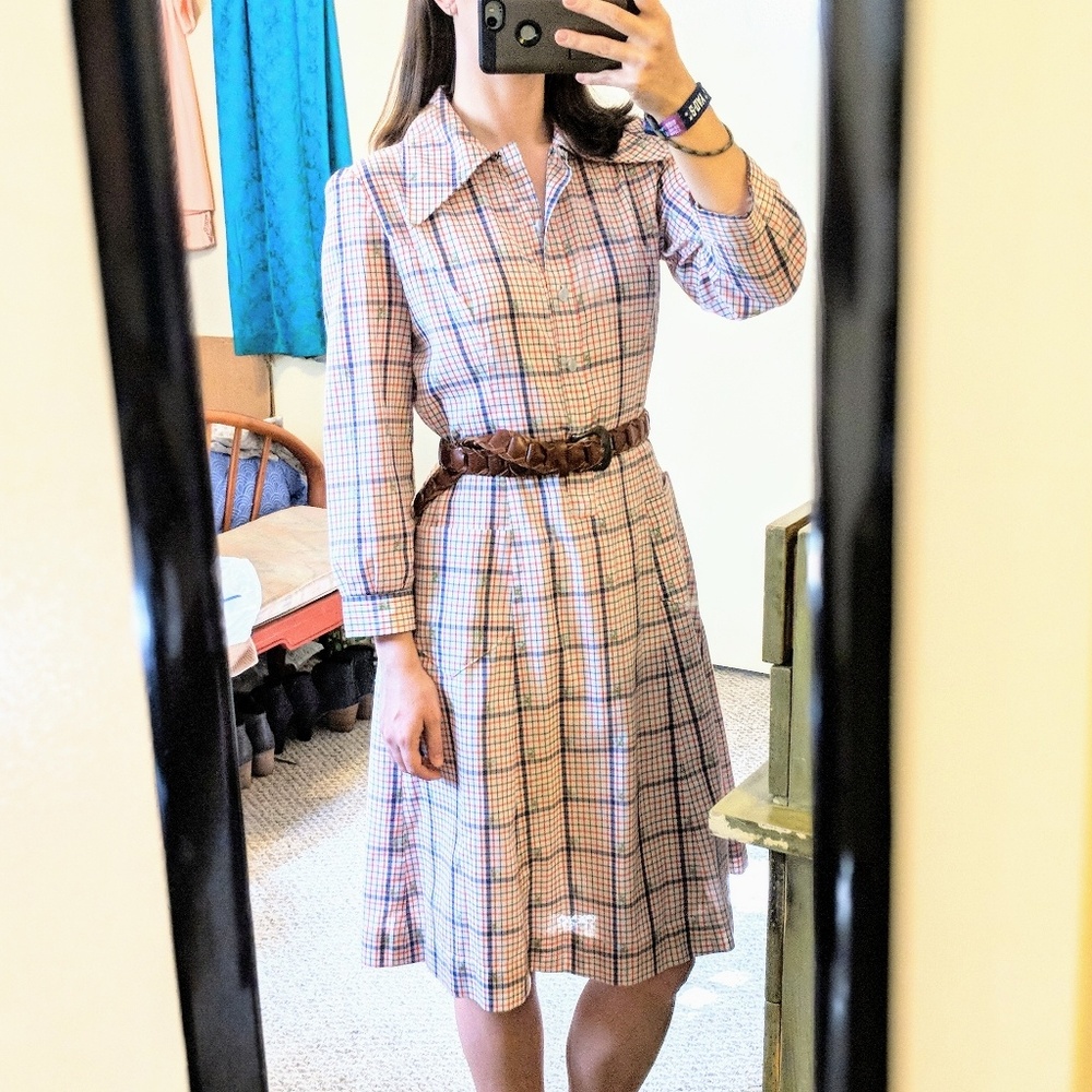 Vintage 1970s Dress Red Blue Plaid